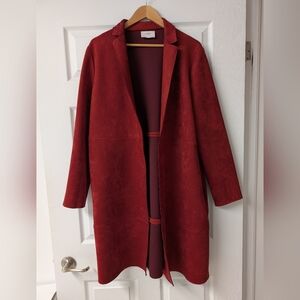 ZARA Oxblood Burgundy Faux Suede Open Front Duster Coat - Size L